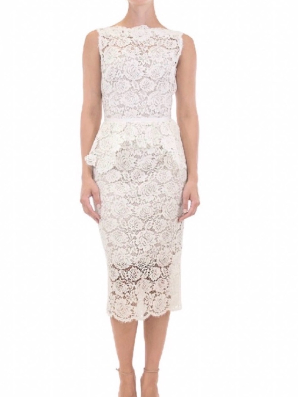 Sleeveless Lace Peplum Midi Dress in Ivory